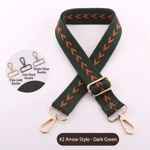 Detailed view of dark green arrow pattern bag strap with gold, black, and silver hardware