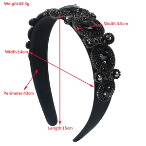 Baroque style wide black beaded headband with sparkling rhinestones and retro design