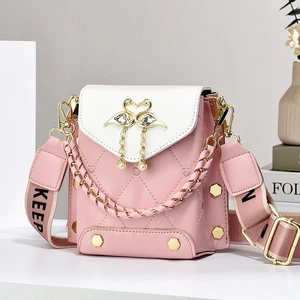 Women Crossbody Bag PU Leather Heart Quilted Swan Buckle Rhinestone Artificial Pearl Small Shoulder Bag Wide Letter Strap