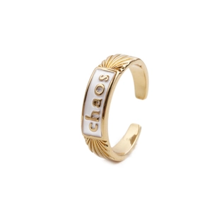Anello regolabile dorato minimalista con smalto bianco e incisione chaos da donna