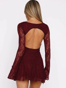 Elegant backless burgundy lace mini dress with long sleeves and open back design