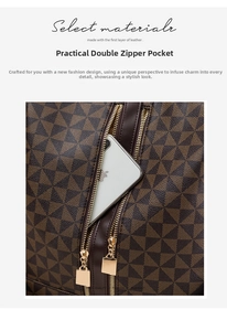 Detail of genuine leather printed backpack with dual gold zippers and phone compartment