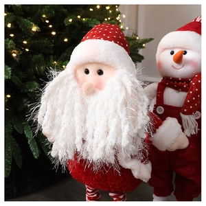 Detail of plush Santa with long beard and snowman figure in festive knit outfits