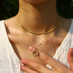 Double layer 18K gold plated stainless steel necklace with round swirl pendant for women