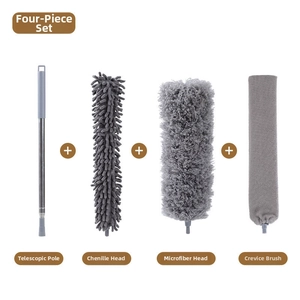 4-piece cleaning set with stainless steel telescopic pole and microfiber duster heads