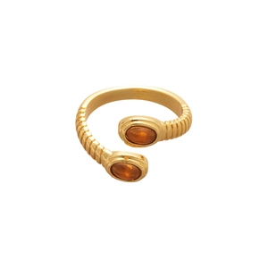 Adjustable golden cross ring with oval tiger eye stones and textured metal band