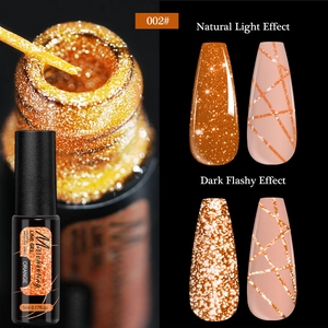 Macro detail of reflective orange gold liner gel showing glitter texture and glow effects
