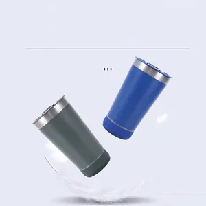 Bluetooth speaker travel mug 16oz in matte navy and green stainless steel finish