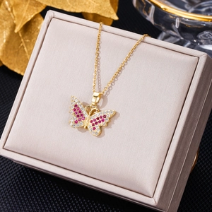 Butterfly Pendant Necklace Stainless Steel Colorful Zircon Inlaid Clavicle Chain Jewelry For Women