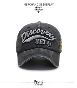 Front view of vintage washed charcoal baseball cap with Discovery letter embroidery