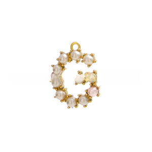 Detailed view of Letter G gold pendant with inlaid white and pink mother of pearl beads