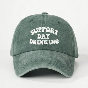 Washed dark green cotton baseball cap with Support Day Drinking embroidery and curved brim