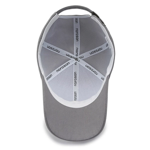 Inside view of grey cotton baseball cap showing narason logo tapes and metal buckle