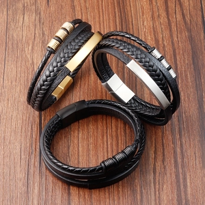 Men's multilayer braided leather bracelets with gold, silver, and black metal clasps
