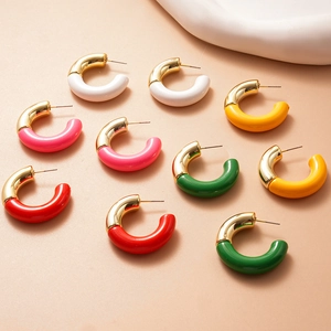 Colorful C-shaped acrylic and gold metal earrings in various vibrant color options