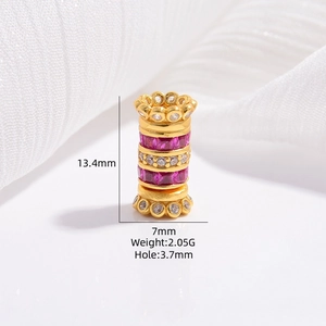 Gold hollow spacer bead with pink and white stones for jewelry making, 13.4mm cylinder