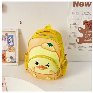 Detail of cute yellow 3D duck backpack with hard shell EVA material for preschoolers