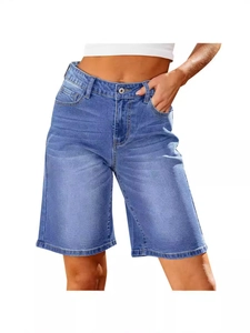 Women Denim Shorts Washed Cotton Mid Waist Straight Leg Bermuda Capri Jeans Knee Length Blue Casual Fashion