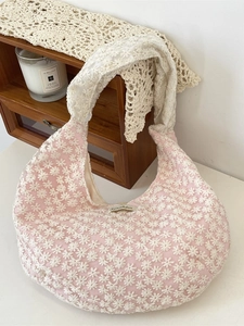Tragetasche aus Mesh mit Gänseblümchen-Stickerei und Spitzenbesatz für Damen im Hobo-Stil