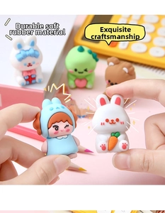 Close-up of 3D soft rubber cartoon figurines with cute animal designs for school