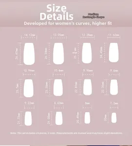 Detailed size chart for medium square press-on nails with dimensions for 24 pieces