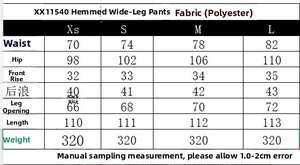 Detailed size chart for wide-leg trousers with contrast piping including measurements