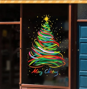 Detail of colorful brush style Christmas tree window sticker with Merry Christmas greeting