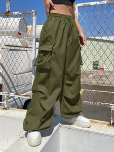 Army green American retro cargo pants with multiple pockets and drawstring high waist