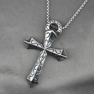 Silver cross pendant necklace with engraved pattern and ball chain for men