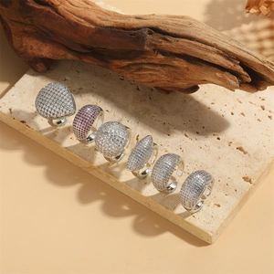 French Luxury Open Adjustable Copper Ring Oval Cubic Zirconia Pave Silver Color Geometric Finger Jewelry For Women