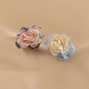 Asymmetric silk flower earrings with multi-layer petals and soft contrast pastel colors