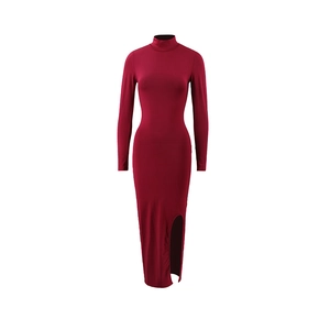 Detail of dark red bodycon dress featuring elegant high neck and side slit hem