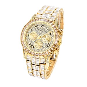 Luxury gold watch with rainbow crystals and square diamonds in a side profile view