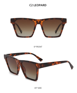 Front and side views of square leopard print sunglasses with gradient brown lenses