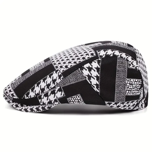 British style patchwork newsboy hat with houndstooth and geometric patterns for women