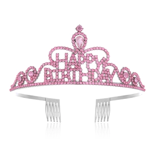 Detailed view of pink rhinestone Happy Birthday tiara with side hair combs
