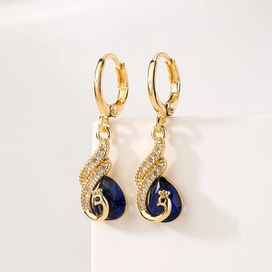 Luxury 18K gold plated peacock earrings with blue teardrop gems and sparkling cubic zirconia