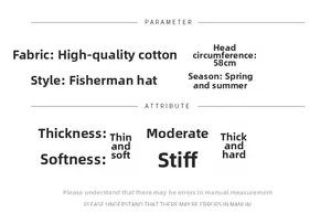 Detailed size chart for cotton bucket hat showing 58cm head circumference and soft fabric
