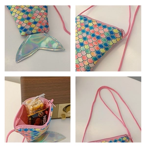 Detail shots of kids mermaid tail crossbody bag featuring colorful sequins and zipper closure