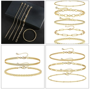 Detailed four-way view of gold layered bracelets featuring cuban and snake chain designs