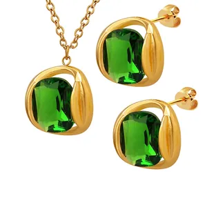 Emerald Green Crystal Necklace And Earrings 18K Gold Plated Stainless Steel Vintage Elegant Accessories For Women
