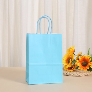 Light blue kraft paper gift bag with matching handles on a clean aesthetic background