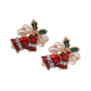 Detailed view of Christmas bell stud earrings with red enamel and sparkling zircon accents