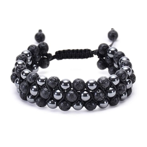 Detail of double-layer woven bracelet with black lava rock and silver metallic beads