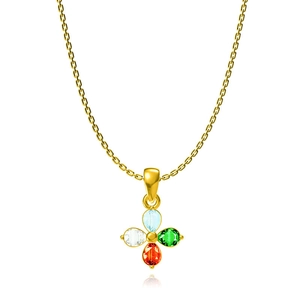 Elegant gold necklace with clover pendant made of four colorful teardrop zircons