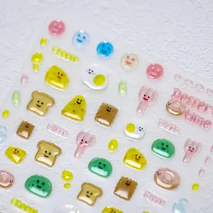 3D Relief Nail Art Stickers PET Self Adhesive Cute Cartoon Food Cheese Toast Pizza Pattern DIY