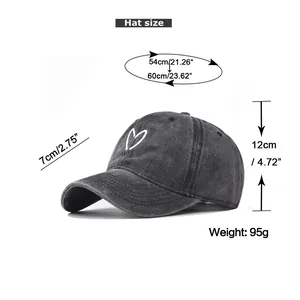 Size chart for heart embroidered washed baseball cap with head circumference measurements