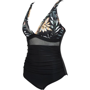 One-piece swimsuit with V-neck tropical floral print and black mesh waist paneling