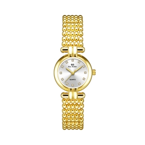 Luxurious gold-tone women's watch with small green dial and crystal hour markers