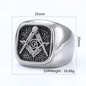 Vintage stainless steel Freemason signet ring with silver polish and square G emblem